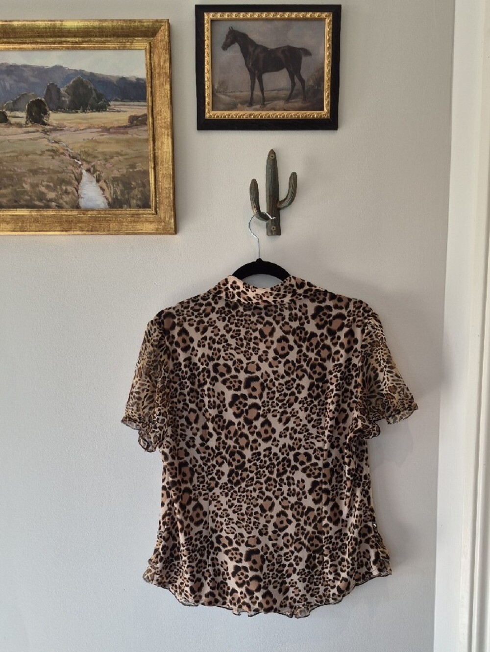 Leopard Print Ruffle Short Sleeve Blouse - Brown - Picture 2 of 6
